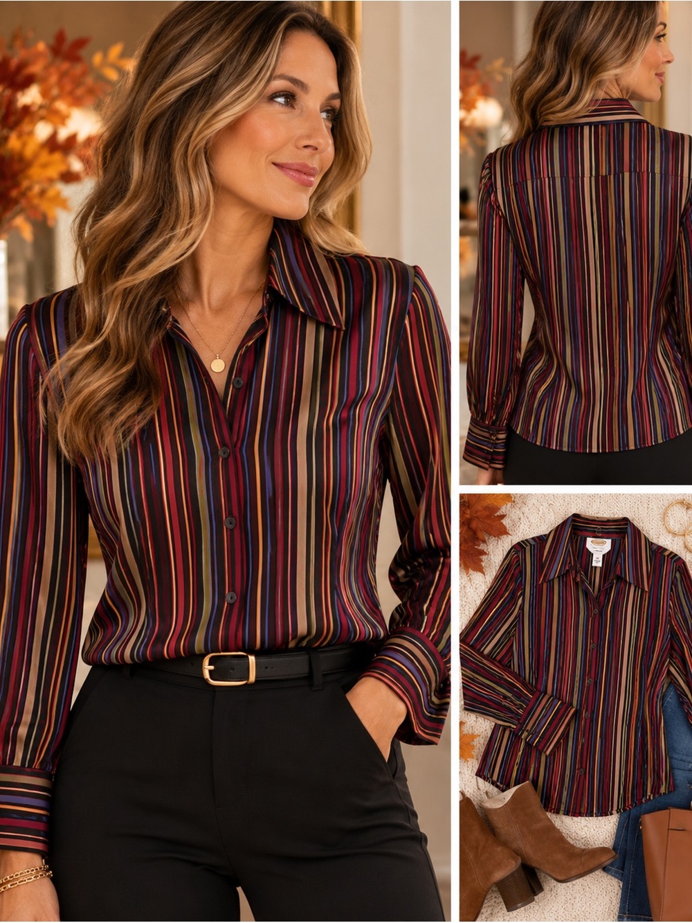 Talbots Silky Multicolor Striped Button Down Blouse Fall Shirt